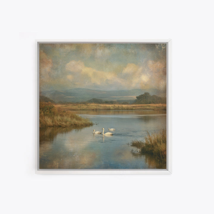 Paired Swans in a Dreamy Painterly Lake Canvas Print, Above Bed Art, Boho Wall Art, Bedroom Decor, Fine Art, Serenity, ABA-1x1-22
