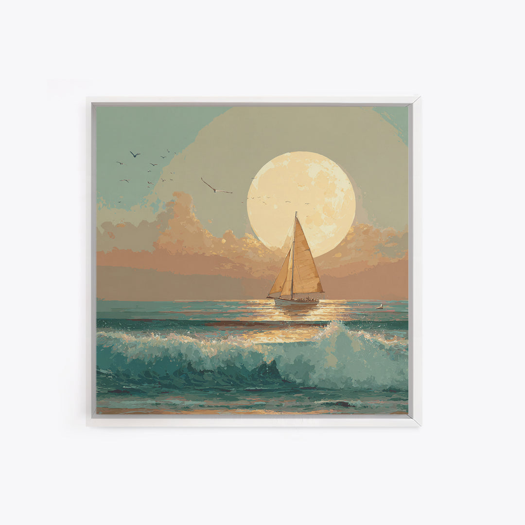 Quiet Moon over a Calm Ocean Horizon Framed Canvas Print, Above Bed Art, Living Room Decor, Bedroom Decor, Oil Painting, ABA-1x1-27