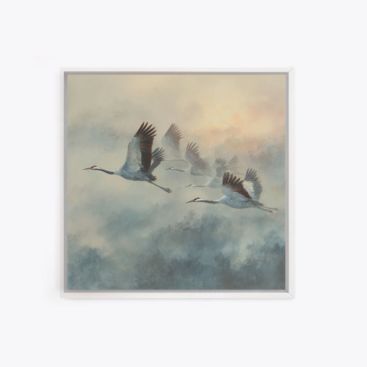 Ethereal Cranes Flying Through Pale Morning Mist Canvas Print, Above Bed Art, Fine Art Print, Bedroom Decor, Serenity, ABA-1x1-33
