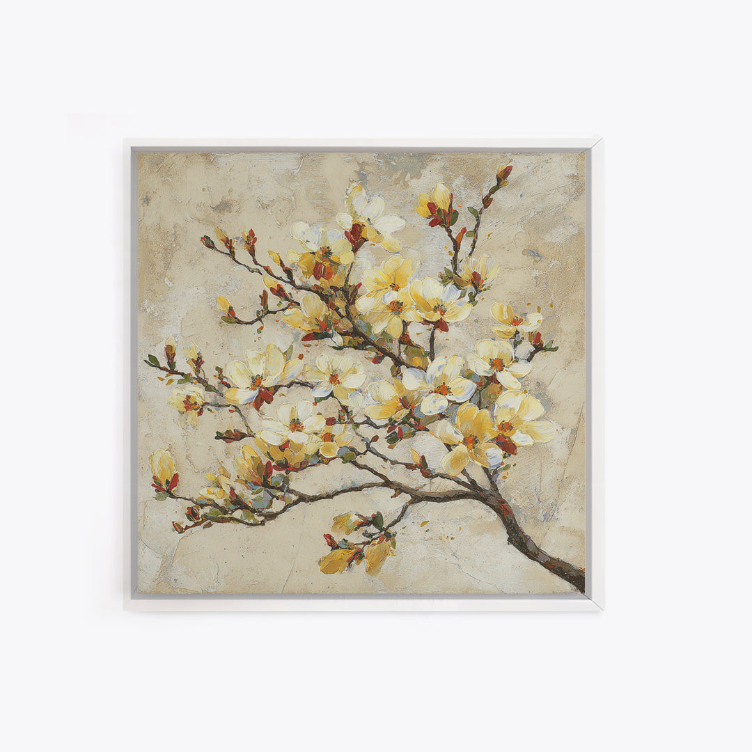 Delicate Magnolia Branch on Cream Background Framed Canvas Print, Above Bed Art, Bedroom Decor, Watercolor Art, Serenity, ABA-1x1-40