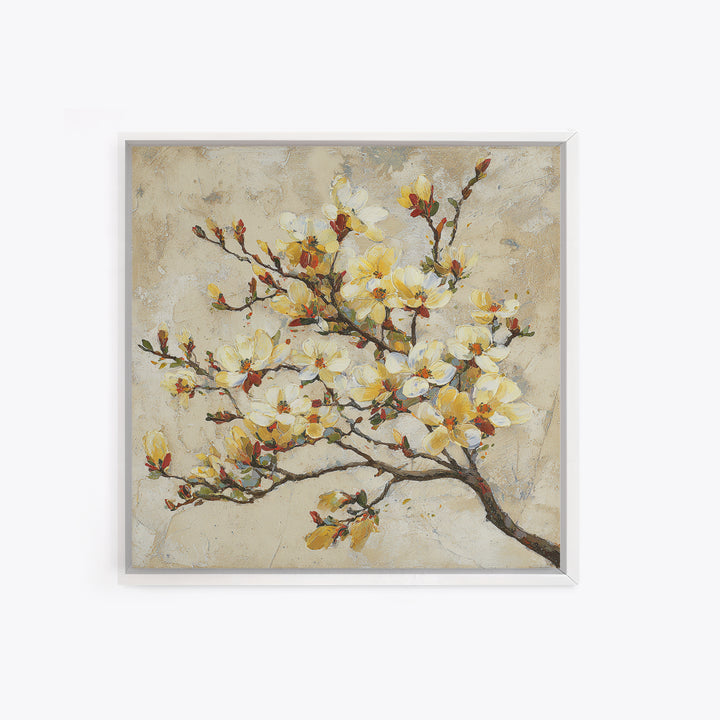 Delicate Magnolia Branch on Cream Background Framed Canvas Print, Above Bed Art, Bedroom Decor, Watercolor Art, Serenity, ABA-1x1-40