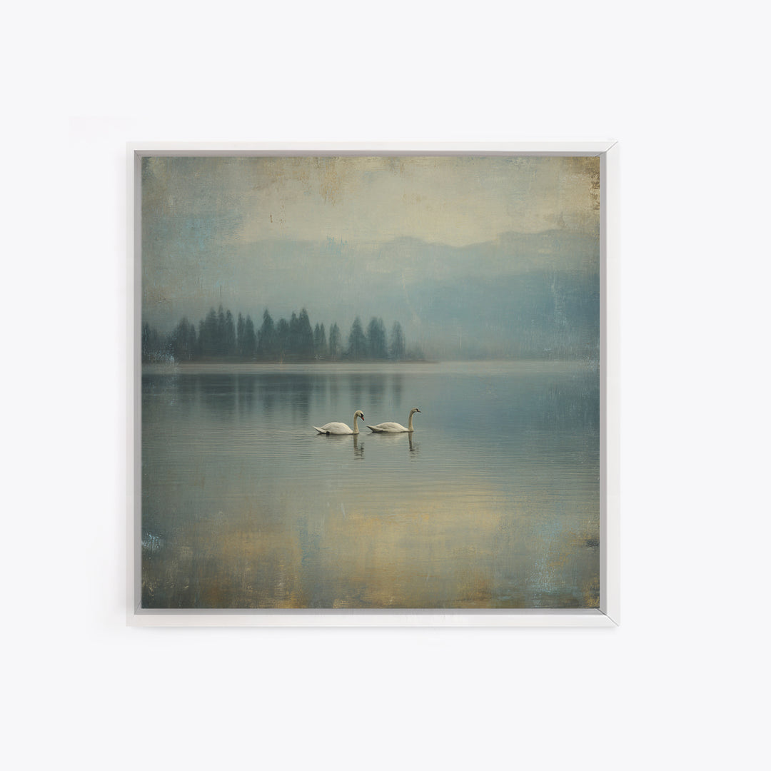 Paired Swans in a Dreamy Painterly Lake Framed Canvas Print, Above Bed Art, Boho Decor, Bedroom Decor, Oil Painting, Serenity, ABA-1x1-46