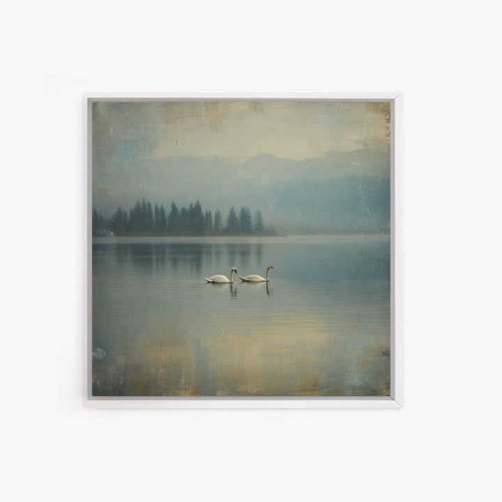 Paired Swans in a Dreamy Painterly Lake Framed Canvas Print, Above Bed Art, Boho Decor, Bedroom Decor, Oil Painting, Serenity, ABA-1x1-46