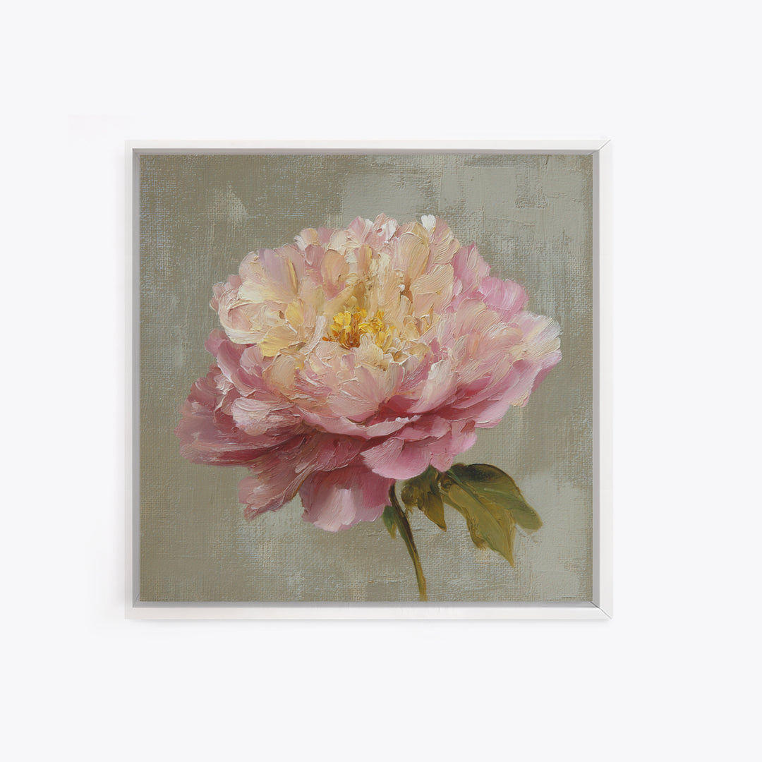 Romantic Oversized Peony Bloom on Warm Linen Canvas Print, Above Bed Art, Western Decor, Bedroom Decor, Abstract Art, Serenity, ABA-1x1-50
