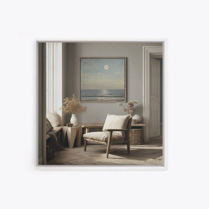 Quiet Moon over a Calm Ocean Horizon Framed Canvas Print, Above Bed Art, Bedroom Wall Art, Bedroom Decor, Fine Art, Serenity, ABA-1x1-51