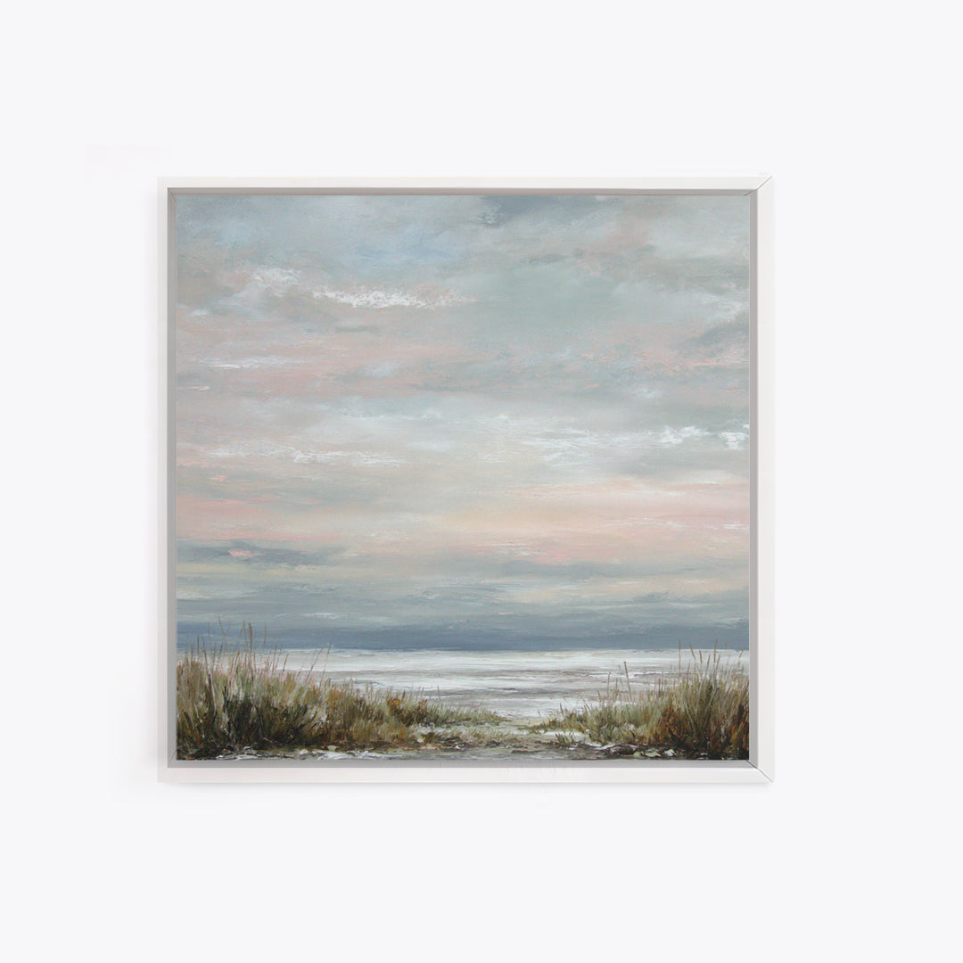 Tranquil Cloudscape with Blush Undertones Framed Canvas Print, Above Bed Art, Modern Decor, Bedroom Decor, Fine Art, Serenity, ABA-1x1-53