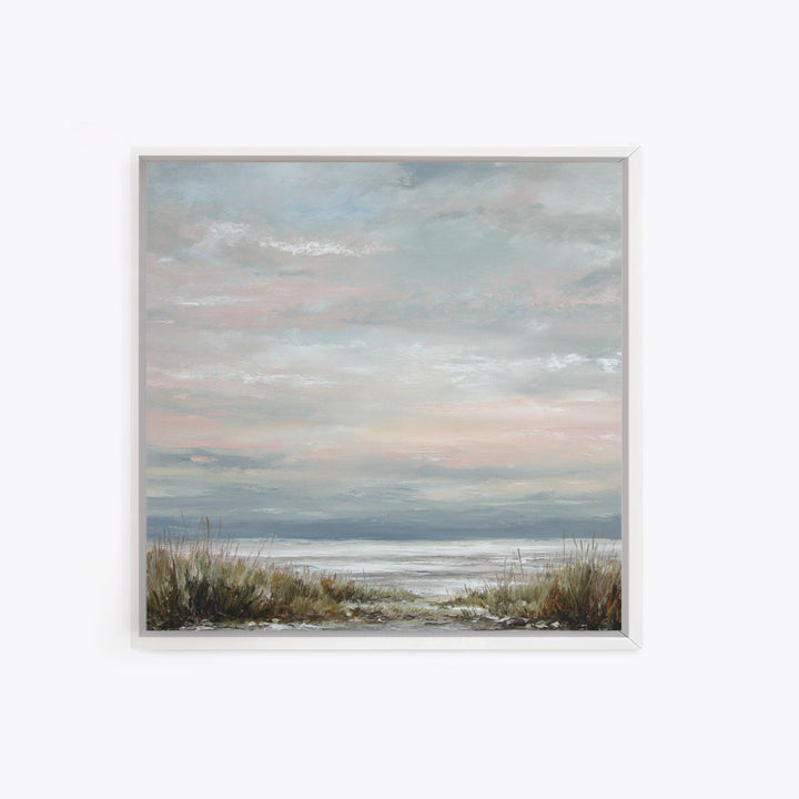 Tranquil Cloudscape with Blush Undertones Framed Canvas Print, Above Bed Art, Modern Decor, Bedroom Decor, Fine Art, Serenity, ABA-1x1-53