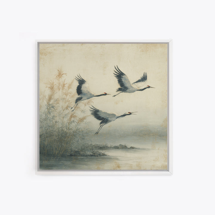 Ethereal Cranes Flying Through Pale Morning Mist Canvas Print, Above Bed Art, Fine Art Print, Bedroom Decor, Serenity, ABA-1x1-57