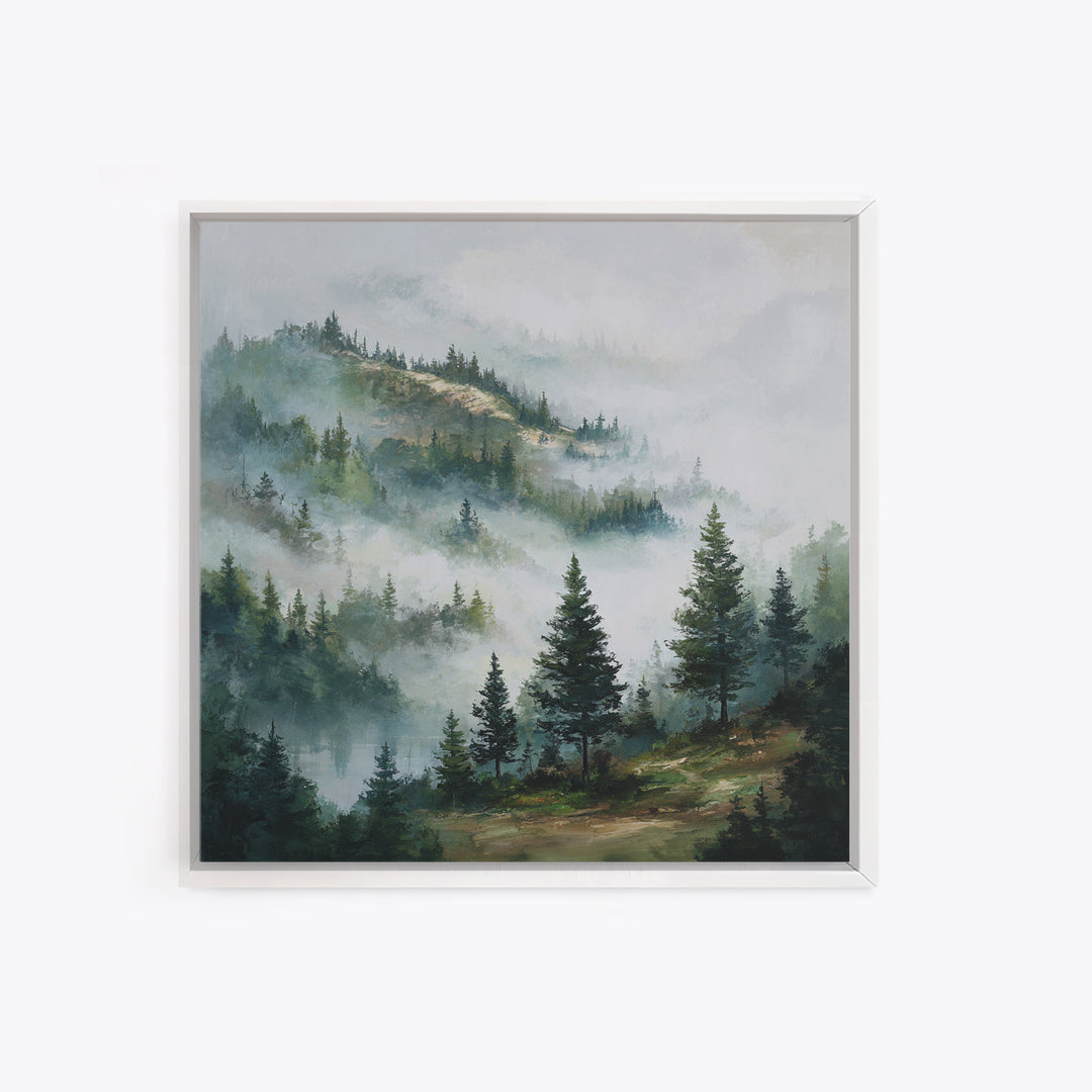 Quiet Forest Ridge Softened by Fog Framed Canvas Print, Above Bed Art, Bedroom Wall Art, Bedroom Decor, Fine Art, Serenity, ABA-1x1-62