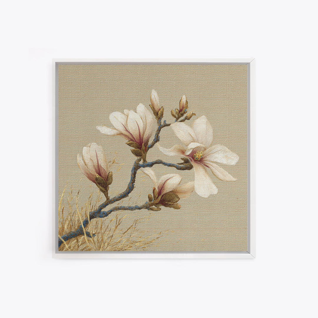 Delicate Magnolia Branch on Cream Background Framed Canvas Print, Above Bed Art, Boho Wall Art, Bedroom Decor, Watercolor Art, ABA-1x1-64