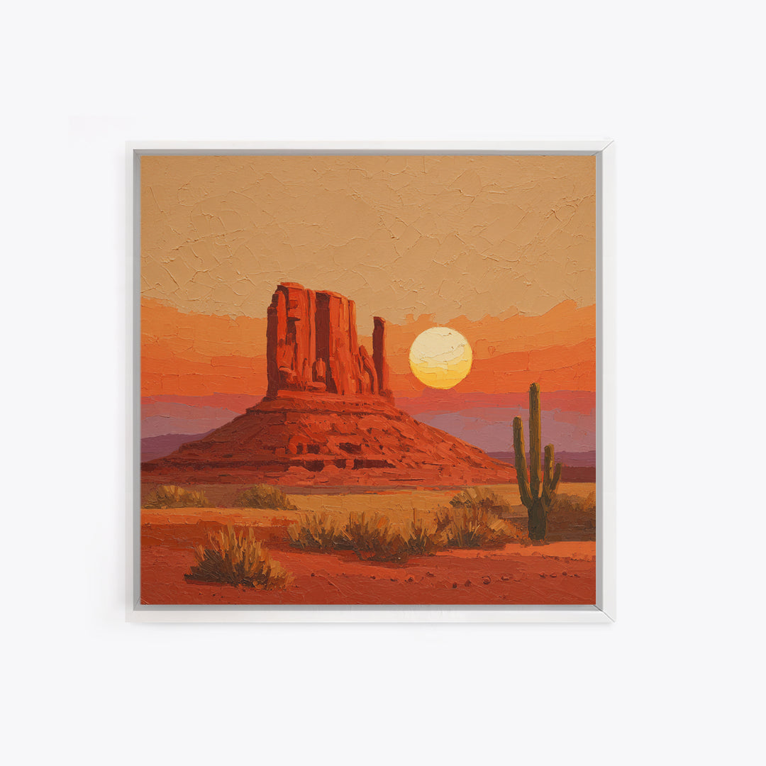 Dreamy Desert Sunset Framed Canvas Print, Above Bed Art, Bedroom Decor, Oil Painting, Serenity, Boho Decor, Western Decor, ABA-1x1-7