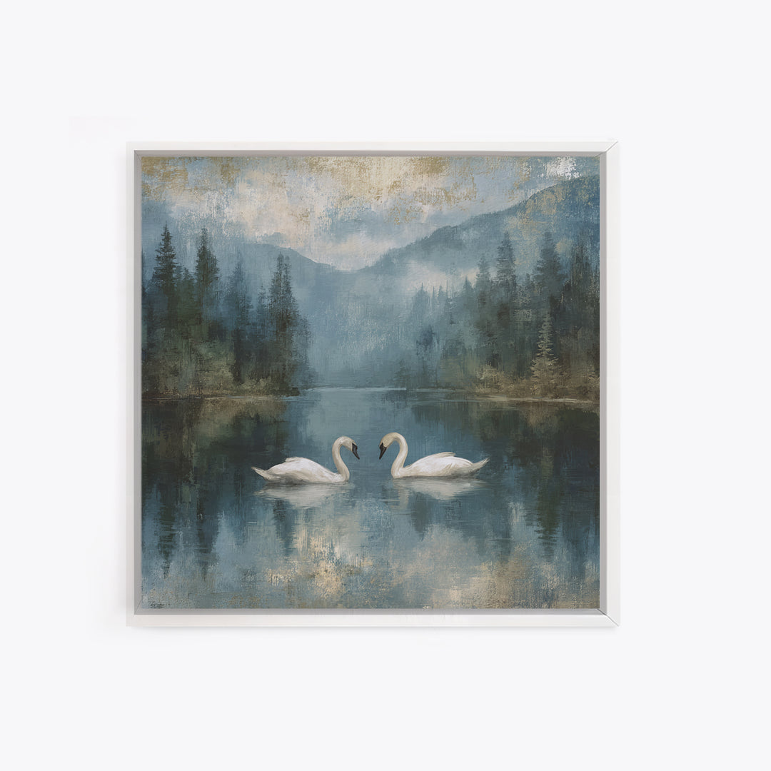 Paired Swans in a Dreamy Painterly Lake Framed Canvas Print, Above Bed Art, Boho Decor, Bedroom Decor, Oil Painting, Serenity, ABA-1x1-70