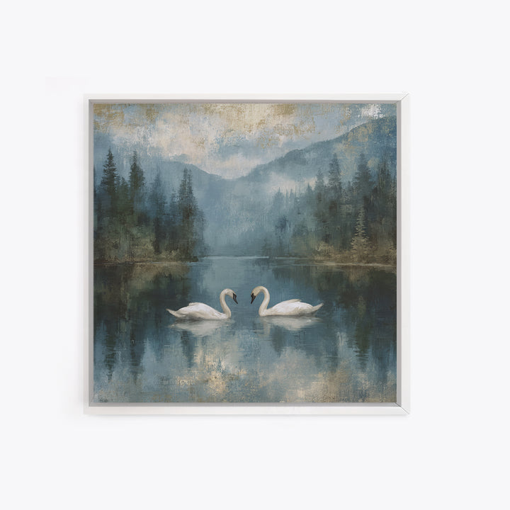 Paired Swans in a Dreamy Painterly Lake Framed Canvas Print, Above Bed Art, Boho Decor, Bedroom Decor, Oil Painting, Serenity, ABA-1x1-70