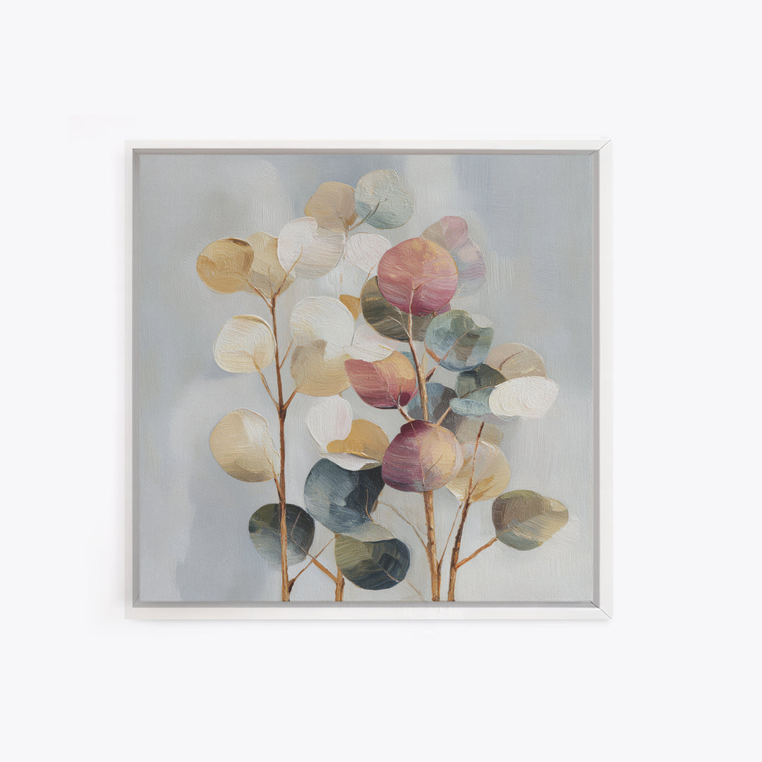 Soft Eucalyptus Branches Arranged Symmetrically Framed Canvas Print, Above Bed Art, Home Decor, Bedroom Decor, Serenity, ABA-1x1-78