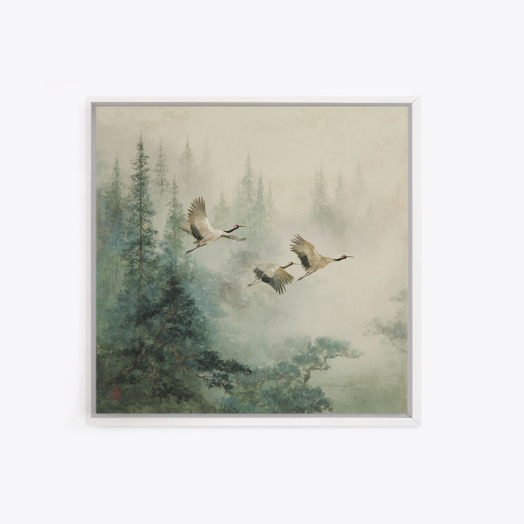 Ethereal Cranes Flying Through Pale Morning Mist Canvas Print, Above Bed Art, Textured Painting, Bedroom Decor, Serenity, ABA-1x1-81