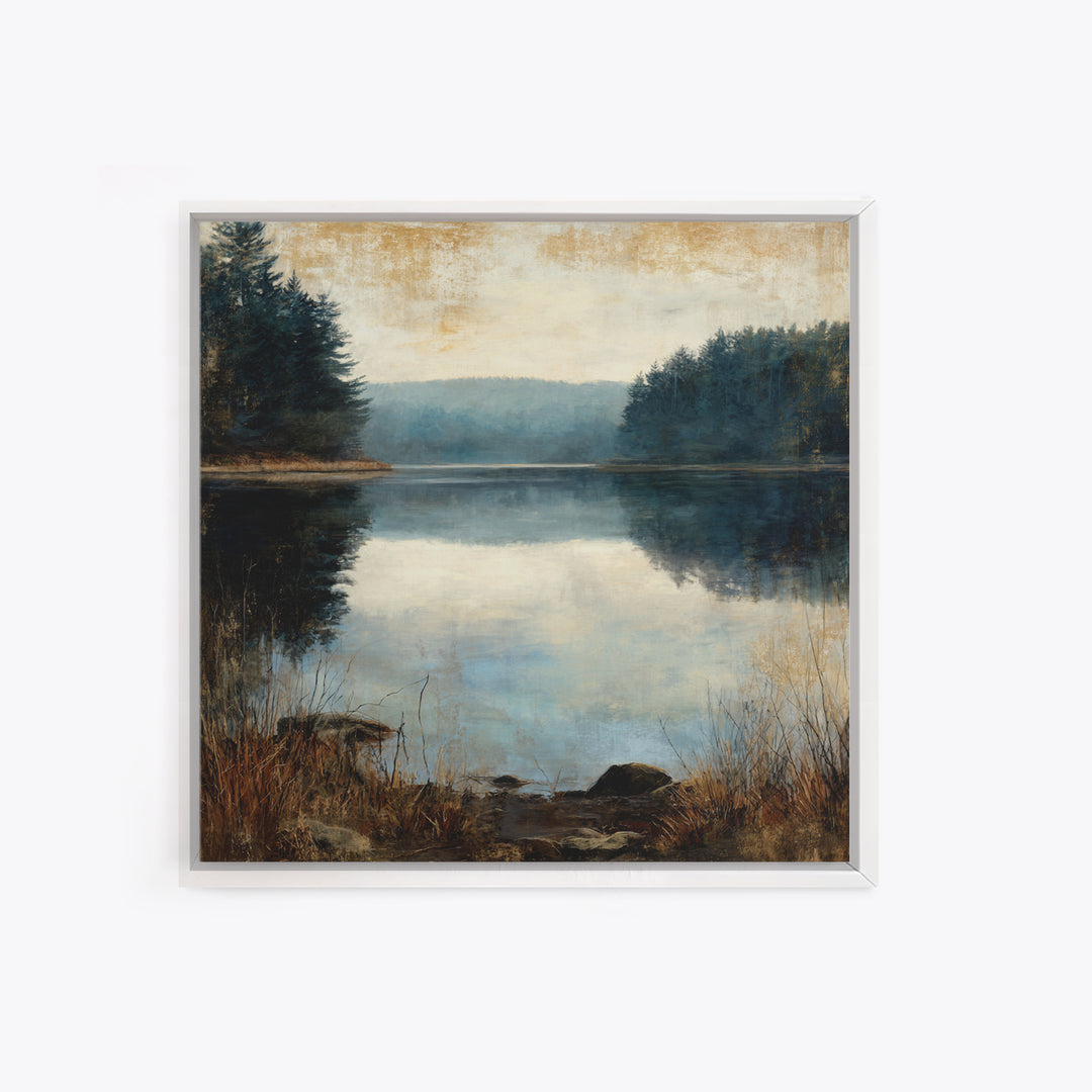 Calming Lake Reflection Framed Canvas Print, Above Bed Art, Fine Art Print, Bedroom Decor, Oil Painting, Serenity, Digital Art, ABA-1x1-83