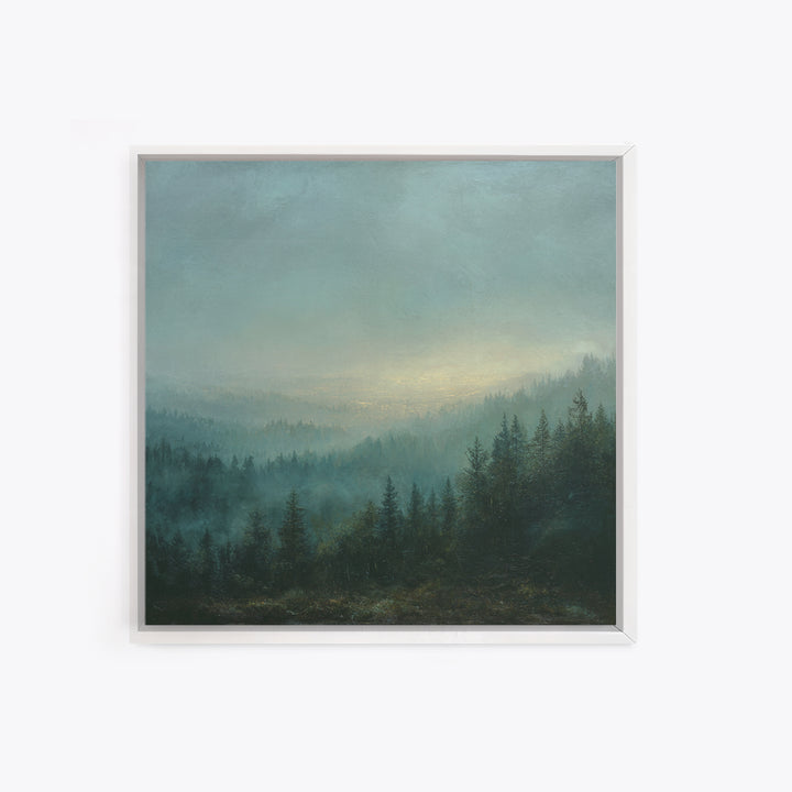 Quiet Forest Ridge Softened by Fog Canvas Print, Above Bed Art, Neutral Decor, Bedroom Decor, Oil Painting, Serenity, ABA-1x1-86