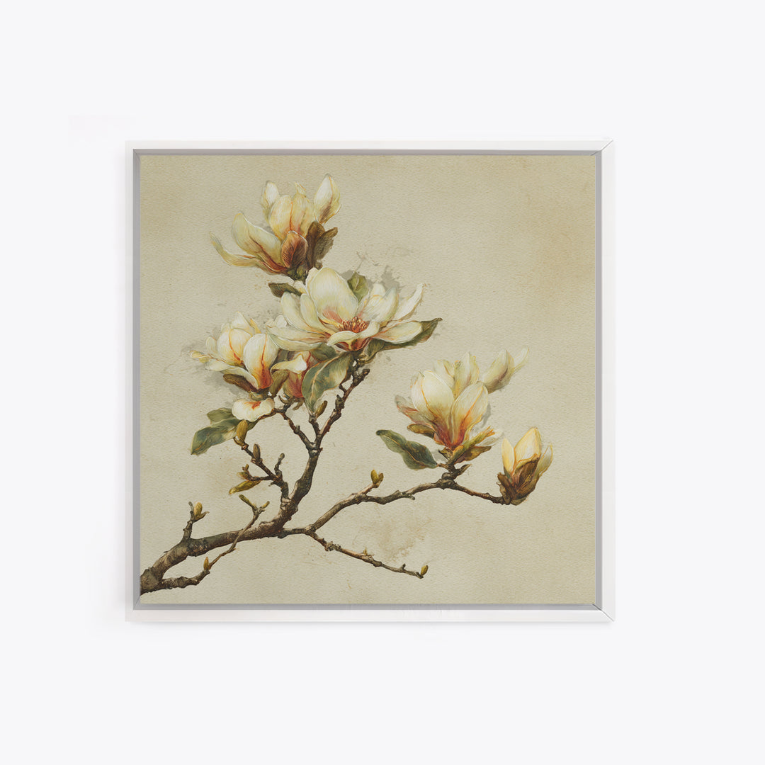 Delicate Magnolia Branch on Cream Background Canvas Print, Above Bed Art, Textured Painting, Bedroom Decor, Serenity, ABA-1x1-88