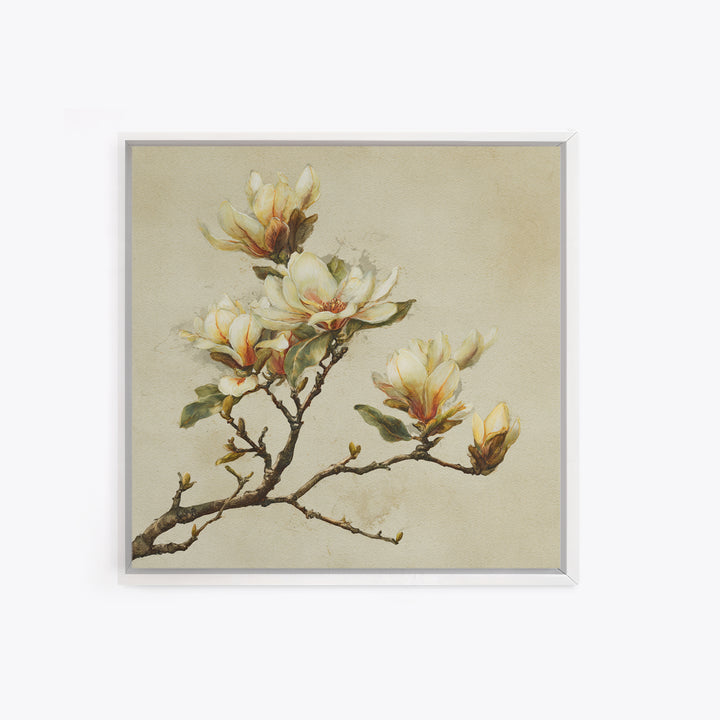 Delicate Magnolia Branch on Cream Background Canvas Print, Above Bed Art, Textured Painting, Bedroom Decor, Serenity, ABA-1x1-88