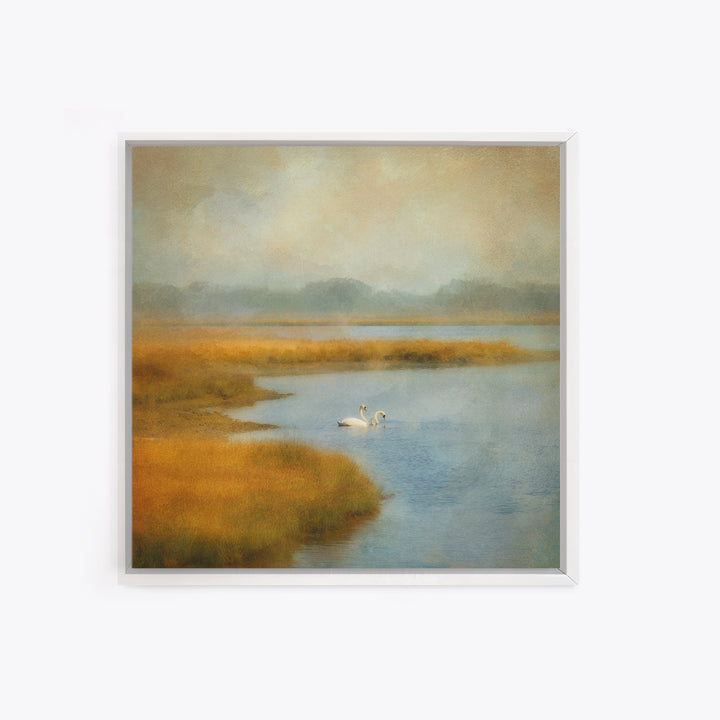 Paired Swans in a Dreamy Painterly Lake Canvas Print, Above Bed Art, Bedroom Wall Decor, Bedroom Decor, Fine Art, Serenity, ABA-1x1-94