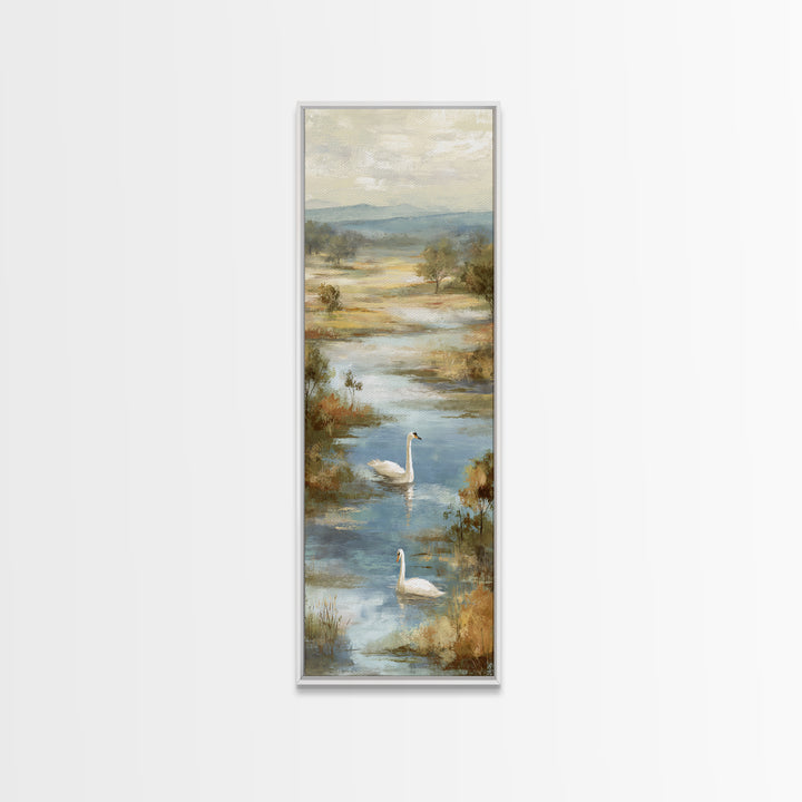 Paired Swans in a Dreamy Painterly Lake Canvas Print, Above Bed Art, Dopamine Decor, Bedroom Decor, Fine Art, Serenity, ABA-1x3-10