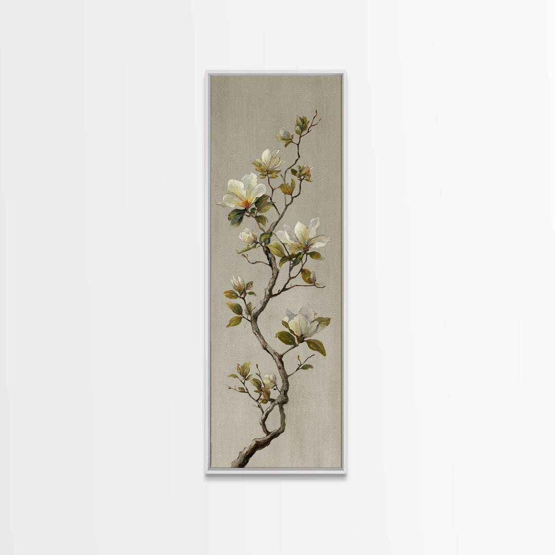 Delicate Magnolia Branch on Cream Background Canvas Print, Above Bed Art, Horizontal Wall Art, Bedroom Decor, Oil Painting, ABA-1x3-100