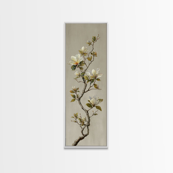 Delicate Magnolia Branch on Cream Background Canvas Print, Above Bed Art, Horizontal Wall Art, Bedroom Decor, Oil Painting, ABA-1x3-100