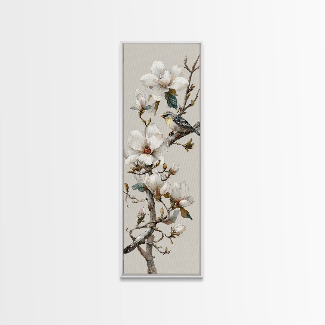 Delicate Magnolia Branch on Cream Background Framed Canvas Print, Above Bed Art, Modern Decor, Bedroom Decor, Oil Painting, ABA-1x3-4