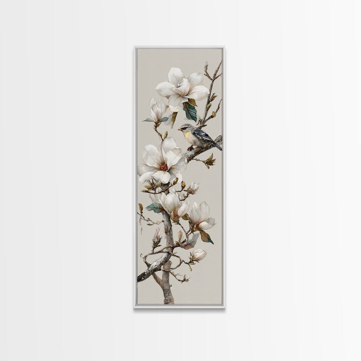 Delicate Magnolia Branch on Cream Background Framed Canvas Print, Above Bed Art, Modern Decor, Bedroom Decor, Oil Painting, ABA-1x3-4