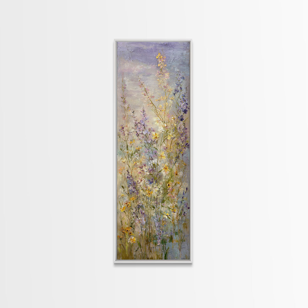 Wide Meadow of Muted Wildflowers at Dusk Framed Canvas Print, Above Bed Art, 3 Piece Wall Art, Bedroom Decor, Watercolor Art, ABA-1x3-46