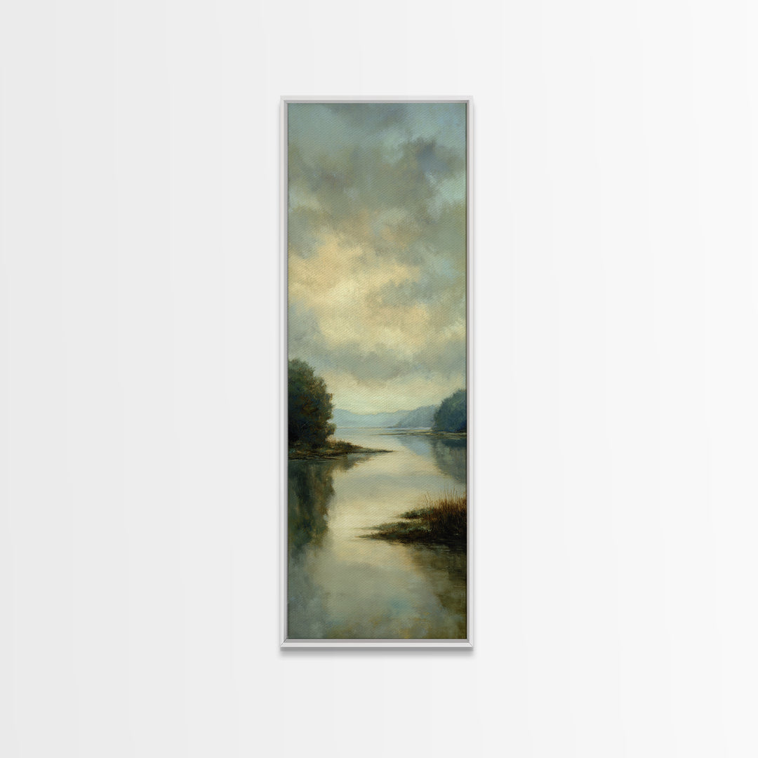 Calming Lake Reflection Framed Canvas Print, Above Bed Art, Original Art, Bedroom Decor, Serenity, Sage Green Wall Art, ABA-1x3-47