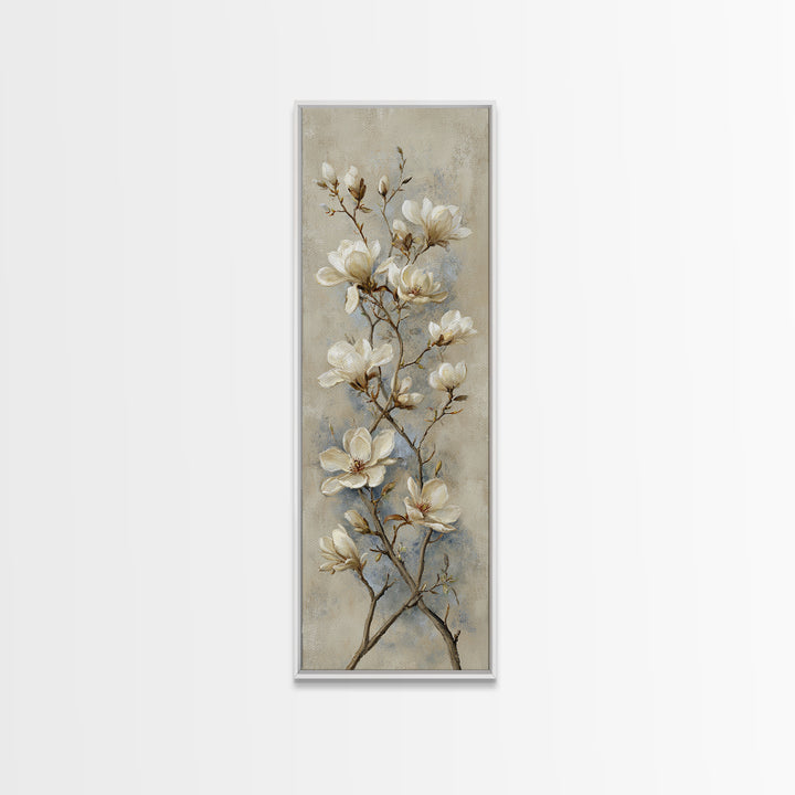 Delicate Magnolia Branch on Cream Background Framed Canvas Print, Above Bed Art, Bedroom Decor, Watercolor Art, Serenity, ABA-1x3-52