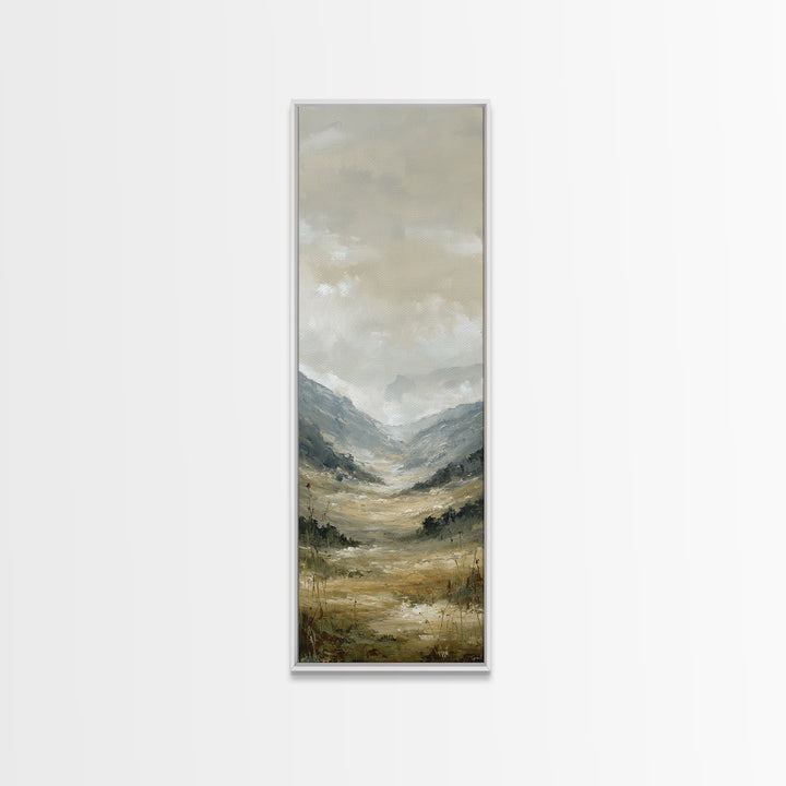 Panoramic Misty Mountain Landscape Framed Canvas Print, Above Bed Art, Textured Painting, Bedroom Decor, Fine Art, Serenity, ABA-1x3-61