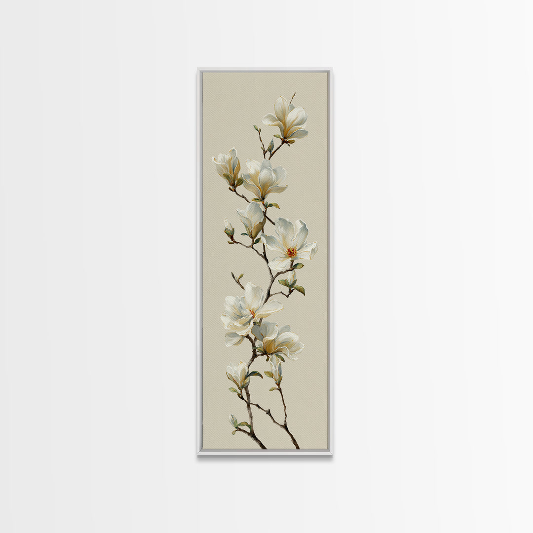 Delicate Magnolia Branch on Cream Background Framed Canvas Print, Above Bed Art, Digital Print, Bedroom Decor, Serenity, ABA-1x3-76