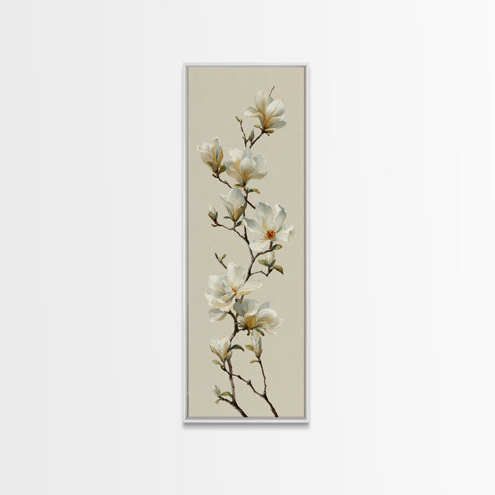 Delicate Magnolia Branch on Cream Background Framed Canvas Print, Above Bed Art, Digital Print, Bedroom Decor, Serenity, ABA-1x3-76