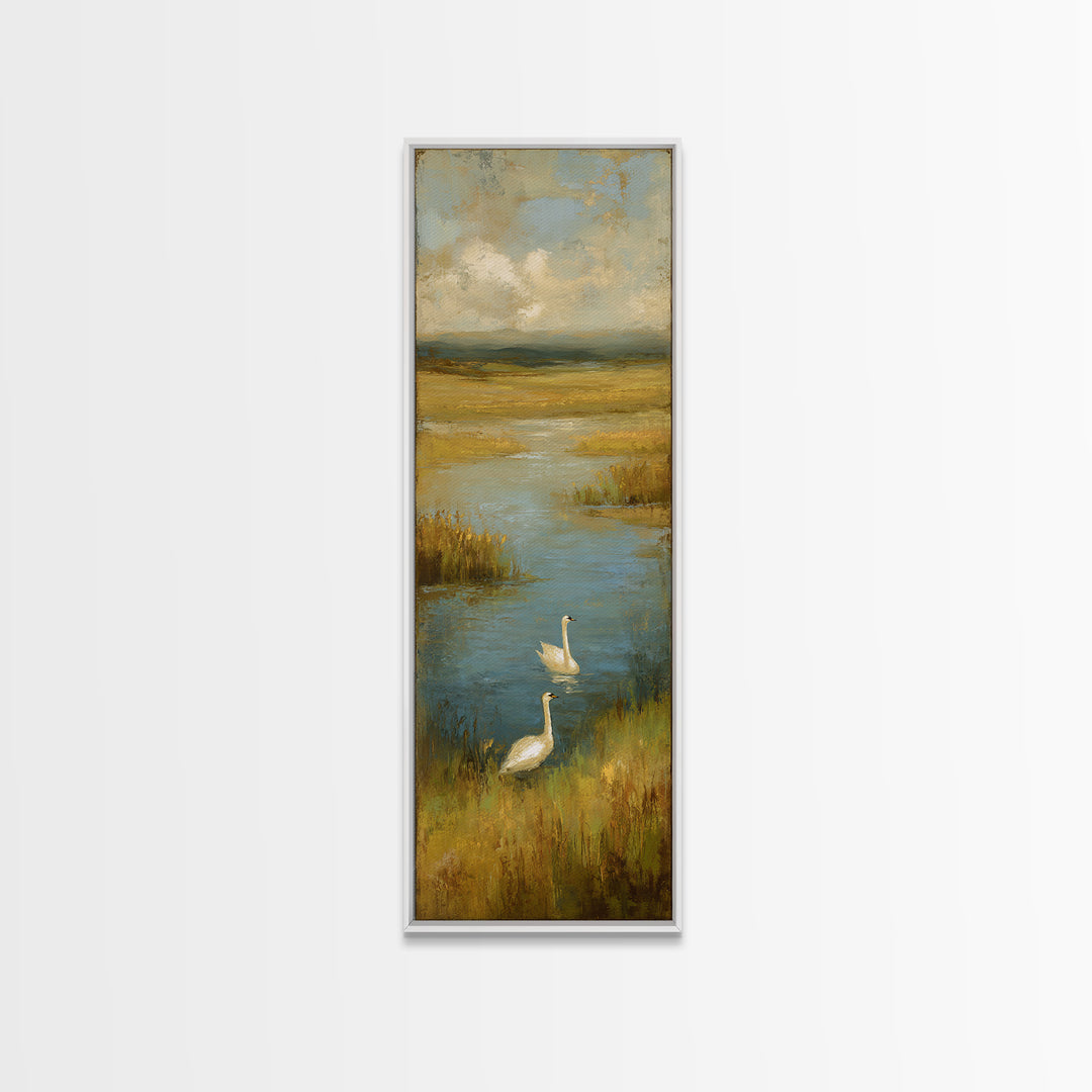 Paired Swans in a Dreamy Painterly Lake Canvas Print, Above Bed Art, Home Decor, Bedroom Decor, Fine Art, Serenity, ABA-1x3-82