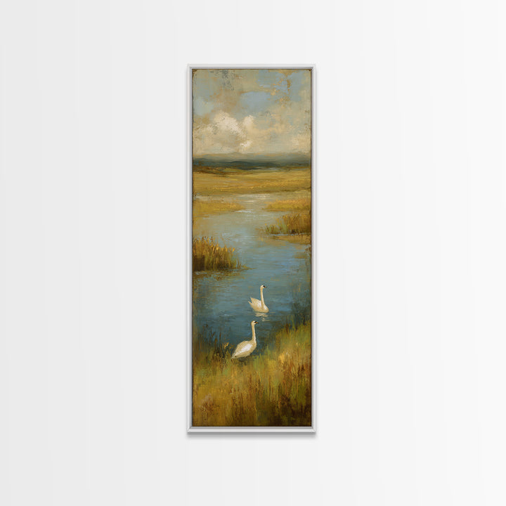 Paired Swans in a Dreamy Painterly Lake Canvas Print, Above Bed Art, Home Decor, Bedroom Decor, Fine Art, Serenity, ABA-1x3-82