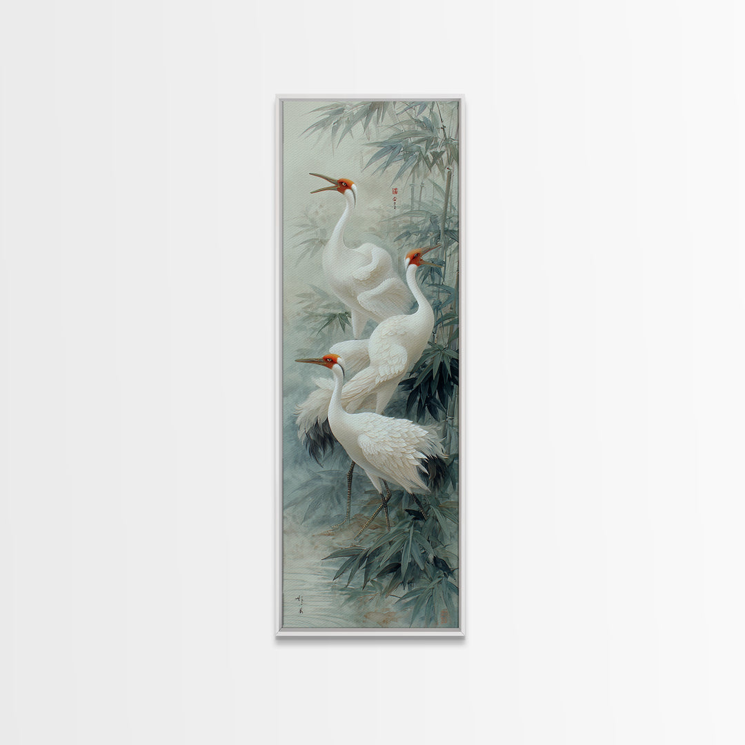 Ethereal Cranes Flying Through Pale Morning Mist Canvas Print, Above Bed Art, Minimalist Decor, Bedroom Decor, Serenity, ABA-1x3-93