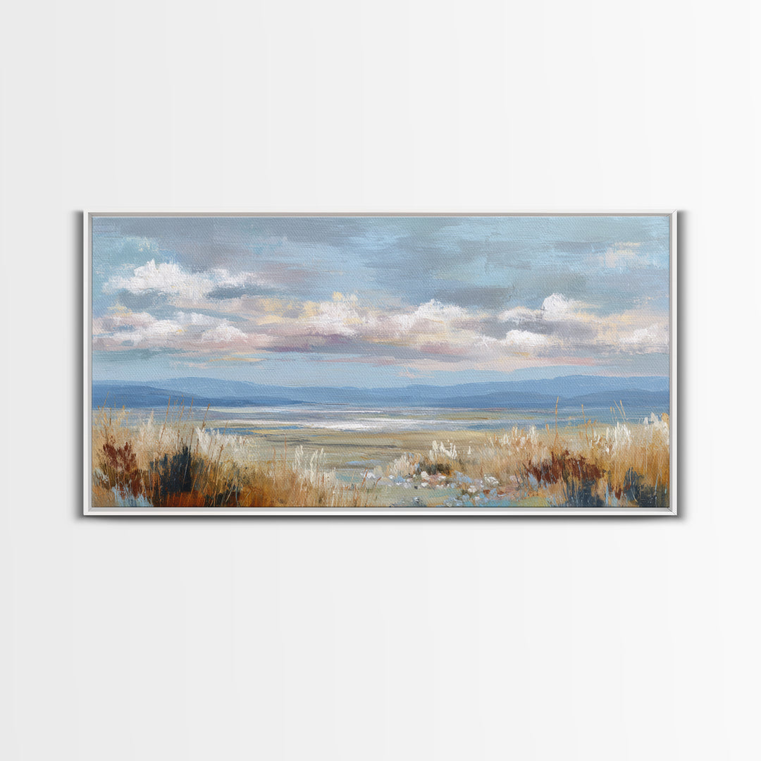 Tranquil Cloudscape with Blush Undertones Framed Canvas Print, Above Bed Art, Wall Decor, Bedroom Decor, Fine Art, Serenity, ABA-2x1-1