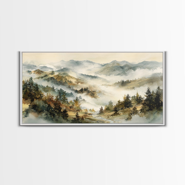 Quiet Forest Ridge Softened by Fog Framed Canvas Print, Above Bed Art, Art Print, Bedroom Decor, Fine Art, Serenity, Dorm Decor, ABA-2x1-10