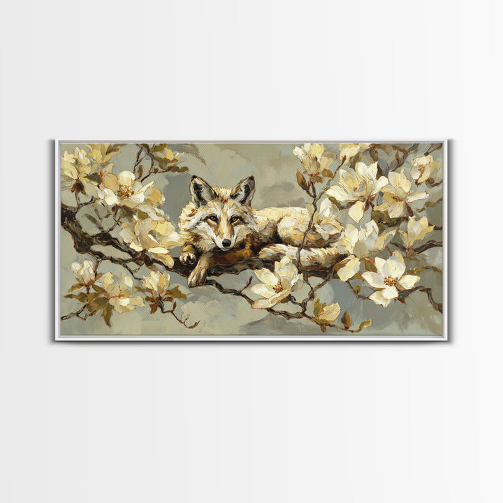 Delicate Magnolia Branch on Cream Background Framed Canvas Print, Above Bed Art, Bedroom Decor, Watercolor Art, Serenity, ABA-2x1-12