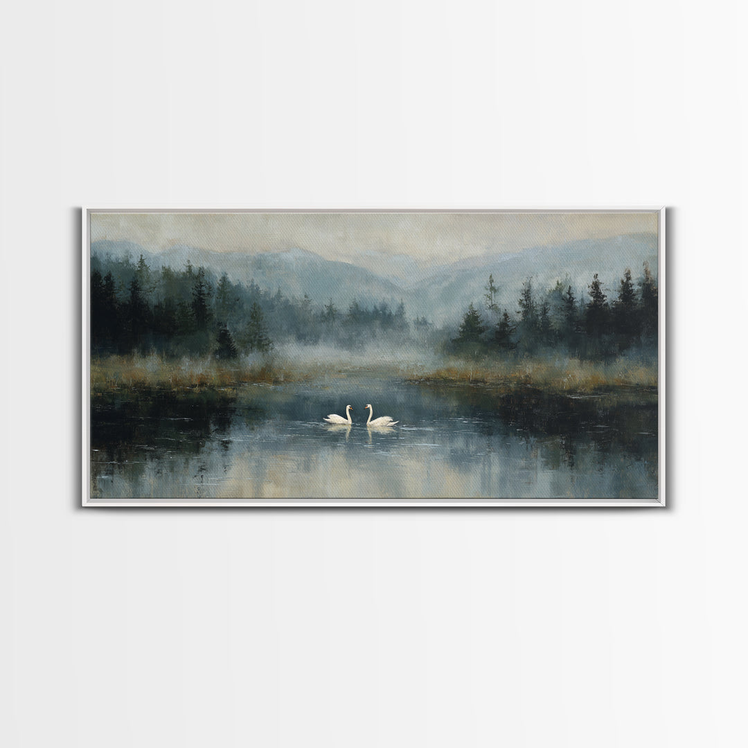 Paired Swans in a Dreamy Painterly Lake Framed Canvas Print, Above Bed Art, Fine Art Print, Bedroom Decor, Fine Art, Serenity, ABA-2x1-18