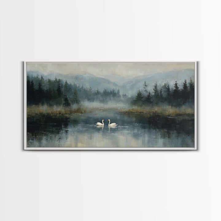 Paired Swans in a Dreamy Painterly Lake Framed Canvas Print, Above Bed Art, Fine Art Print, Bedroom Decor, Fine Art, Serenity, ABA-2x1-18