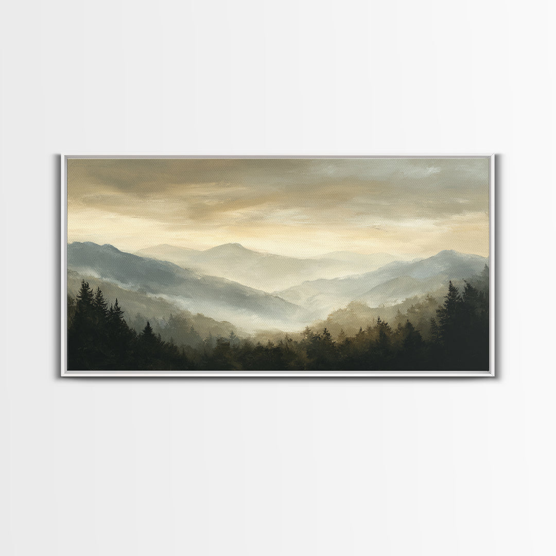 Panoramic Misty Mountain Landscape Canvas Print, Above Bed Art, Wall Art, Bedroom Decor, Fine Art, Serenity, Digital Print, ABA-2x1-21