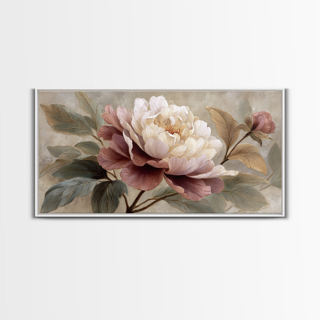 Romantic Oversized Peony Bloom on Warm Linen Canvas Print, Above Bed Art, Statement Artwork, Bedroom Decor, Abstract Art, ABA-2x1-22