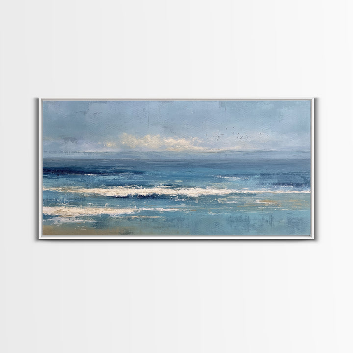 Quiet Moon over a Calm Ocean Horizon Framed Canvas Print, Above Bed Art, Mid Century Modern, Bedroom Decor, Fine Art, Serenity, ABA-2x1-23