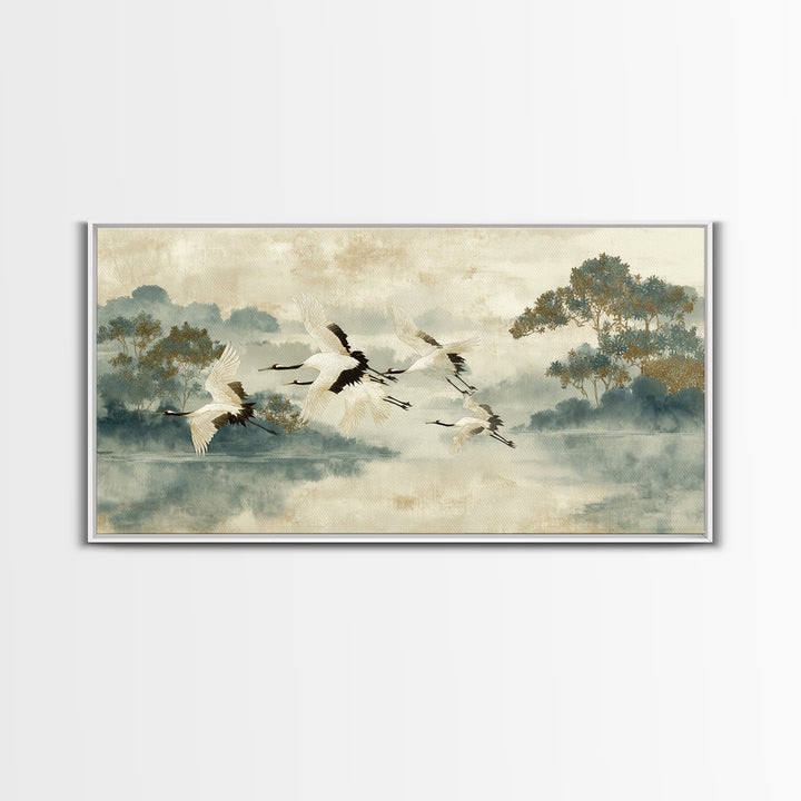 Ethereal Cranes Flying Through Pale Morning Mist Canvas Print, Above Bed Art, Digital Prints, Bedroom Decor, Serenity, ABA-2x1-29