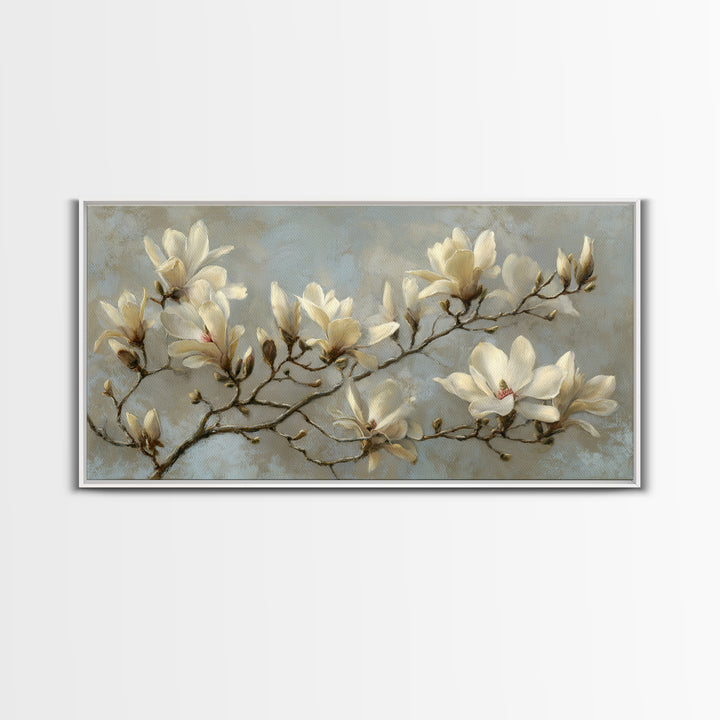 Delicate Magnolia Branch on Cream Background Canvas Print, Above Bed Art, Wall Art, Bedroom Decor, Fine Art, Serenity, ABA-2x1-36
