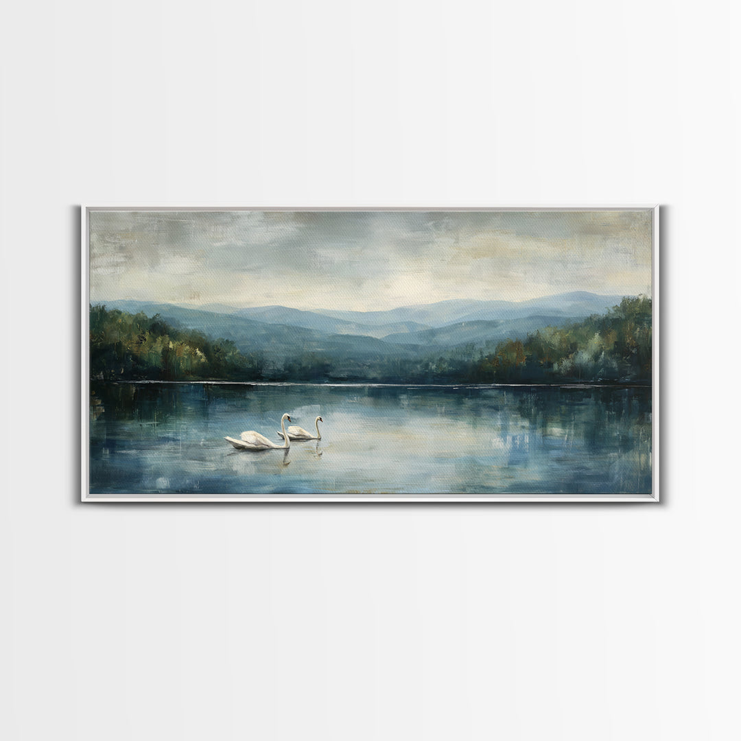 Paired Swans in a Dreamy Painterly Lake Framed Canvas Print, Above Bed Art, Fine Art Print, Bedroom Decor, Fine Art, Serenity, ABA-2x1-42