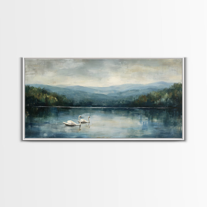 Paired Swans in a Dreamy Painterly Lake Framed Canvas Print, Above Bed Art, Fine Art Print, Bedroom Decor, Fine Art, Serenity, ABA-2x1-42